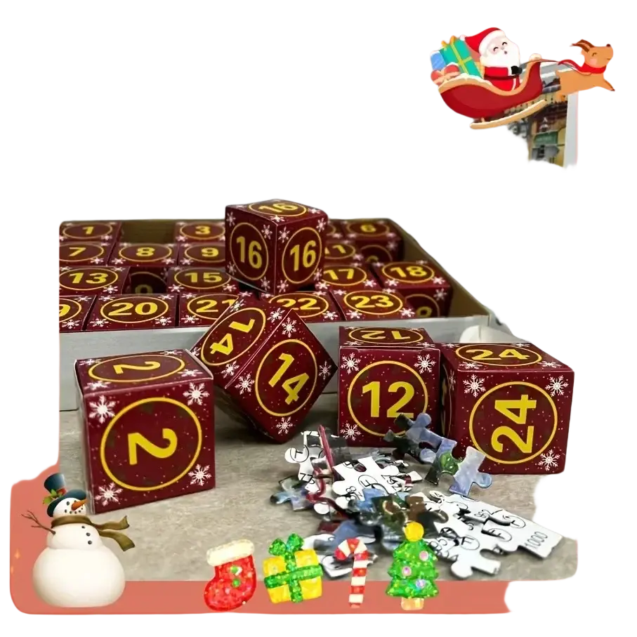Red and gold numbered advent calendar cubes with snowflake designs for a 24-day christmas countdown puzzle
