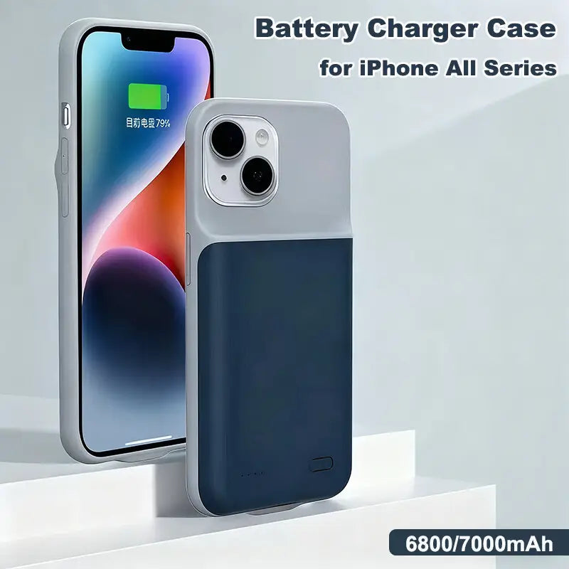 iPhoneシリーズ用の洗練されたツートンのバッテリーチャージャーケースで、薄いグレーの上部とダークブルーの下部を採用し、ミニマルなデザインが特徴です。