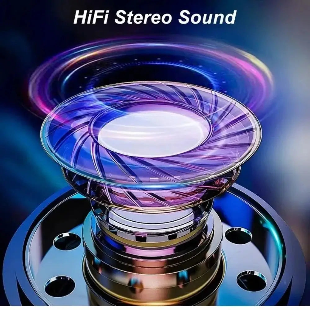 un haut-parleur à conducteur multi-couches élégant, avec une coupole translucide dégradée violet et bleu sur des anneaux métalliques, présenté sur des écouteurs Bluetooth sans fil à réduction active du bruit (ANC)