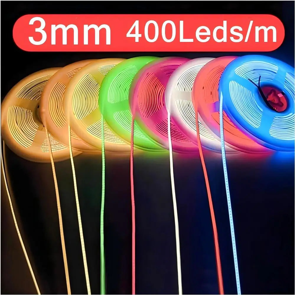 Cinta LED COB ultrafina con tira de luz LED de colores, de 3 mm de ancho, con 400 LED por metro, para decoración del hogar de bricolaje.