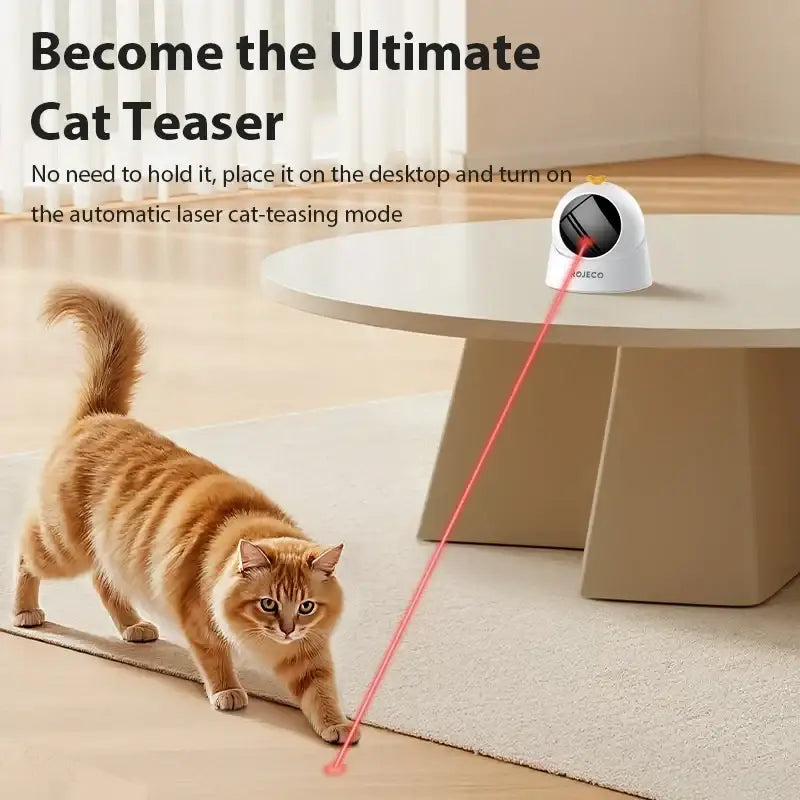 White plastic interactive laser cat toy with black lens emitting a red laser beam shown from front angle
