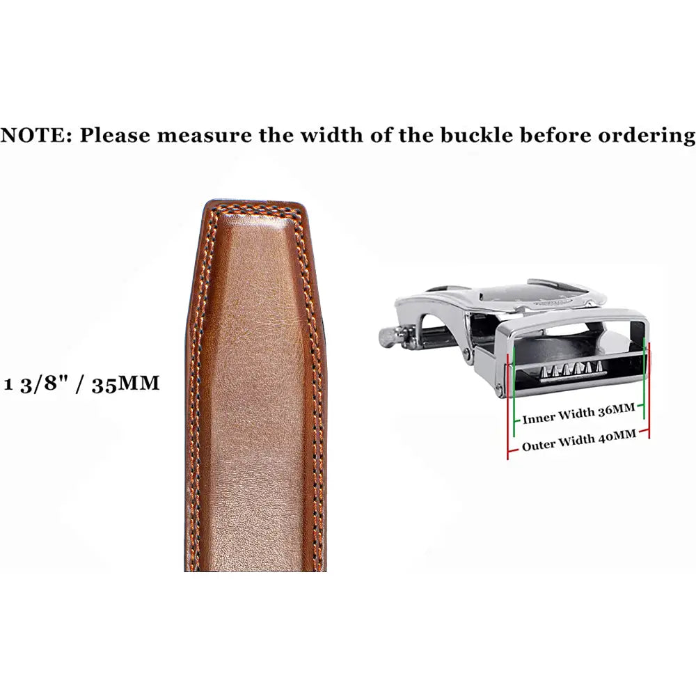 Ceinture en cuir marron avec une boucle automatique à finition ton argent, présentant un motif de drapeau américain.