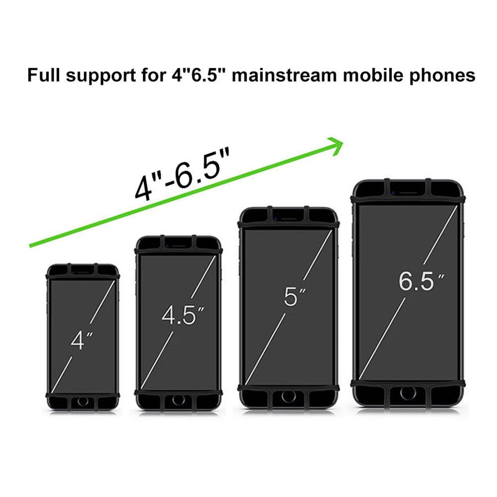 Brazalete para teléfono para correr que gira 360 en color negro, con una funda resistente mostrada en cuatro modelos de smartphone compatibles con tamaños de pantalla de 4 a 6,5 pulgadas.