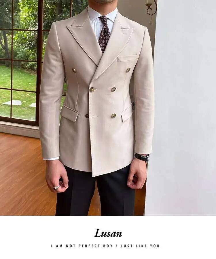 beige double breasted slim fit blazer jacket for men featuring gold toned buttons and subtle stitching details