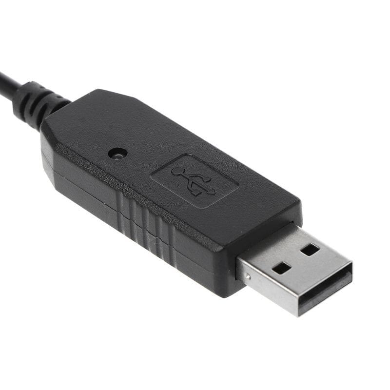Black usb charger cable with usb-a to db9 serial adapter featuring matte plastic housing and metallic connector for baofeng radio charging and data transfer.