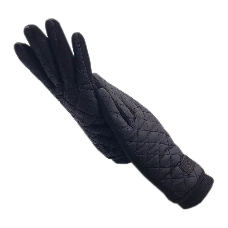 Gants d’hiver pour femmes en écran tactile thermiques matelassés noirs, avec poignet côtelé et petite pastille de logo de marque, présentés du côté arrière.
