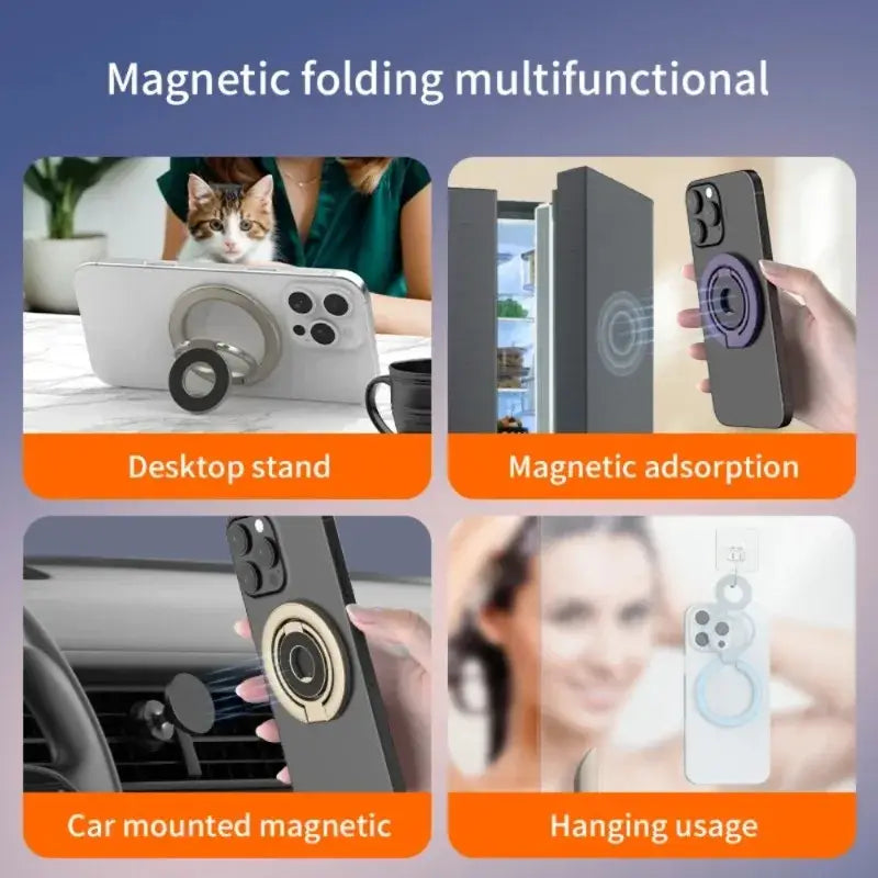 Un anillo portateléfonos magnético de doble cara plateado para soporte de teléfono con diseño circular y imán central para sostener teléfonos inteligentes en diversas posiciones.