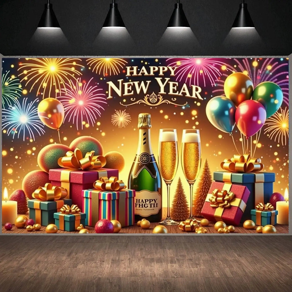 Happy New Year Banner Gift Champagne Clock 2026 New Year Party Decor Backdrop Christmas New Year Party Photo Background Supplies