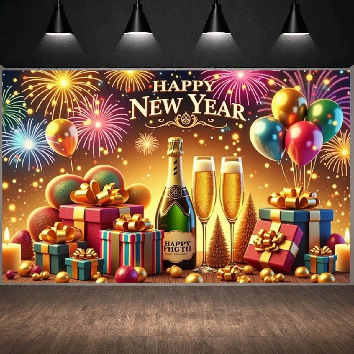 Happy New Year Banner Gift Champagne Clock 2026 New Year Party Decor Backdrop Christmas New Year Party Photo Background Supplies