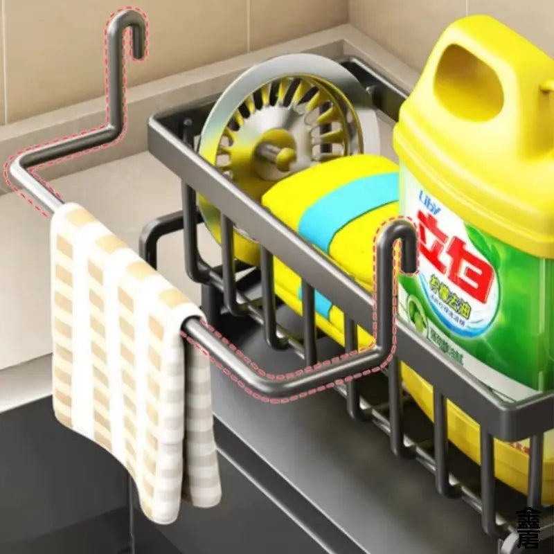 black metal sink organizer with drainage rack featuring curved hooks and grid design holding a yellow sponge strainer and cleaning solution bottle