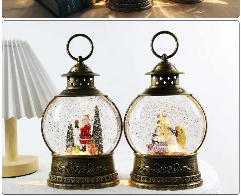 Antique brass lantern style Christmas snow globe music box featuring a miniature festive scene inside with glittering snow.