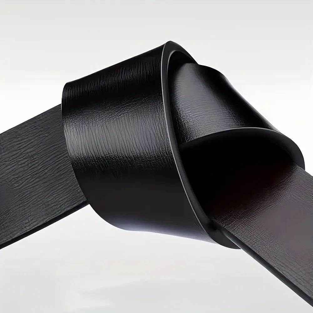 Men automatic buckle synthetic leather belt in black with a smooth slightly textured surface and sleek minimalist design.