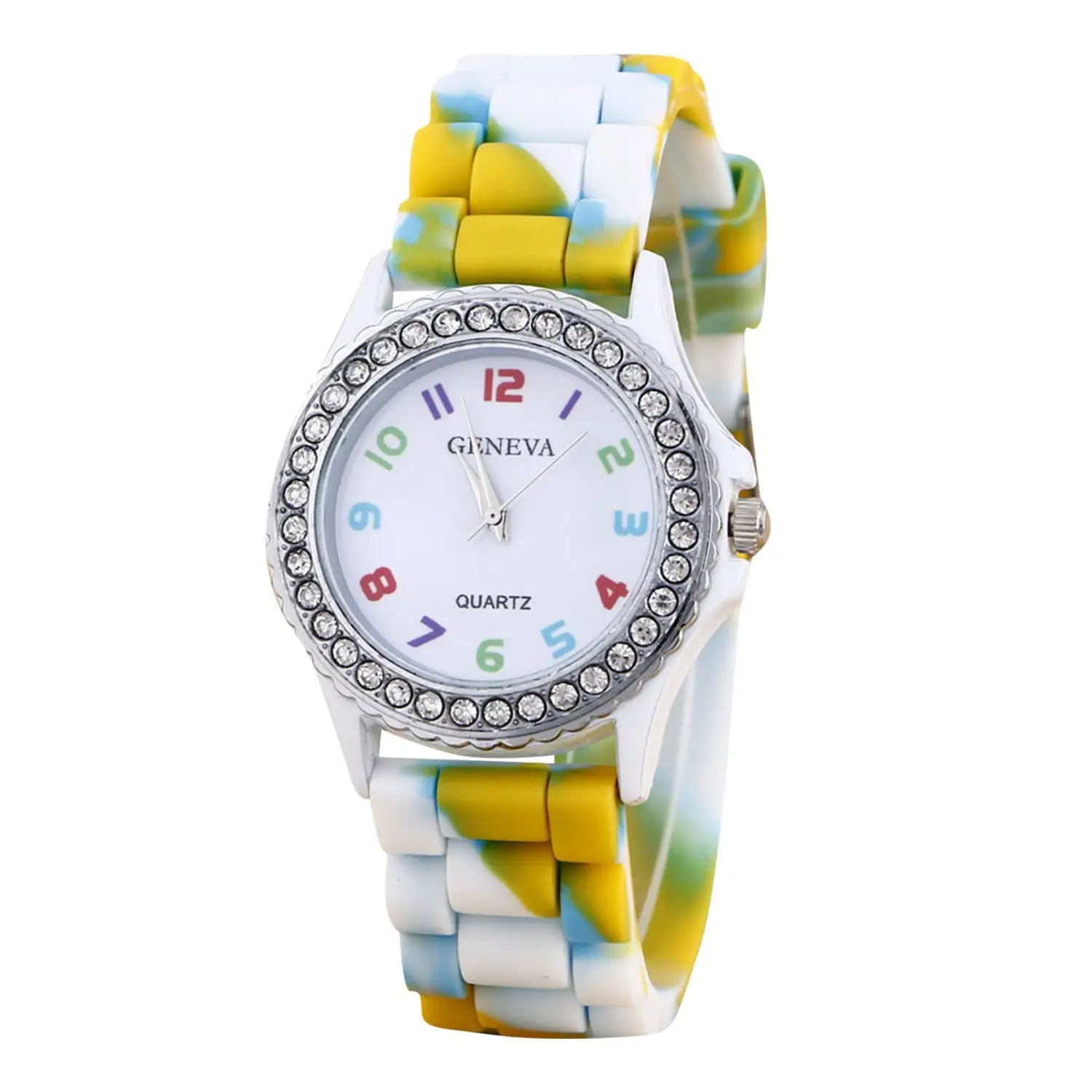 Girls crystal bling rainbow silicone watch featuring a multicolored silicone band with a white face and silver bezel adorned with rhinestones.