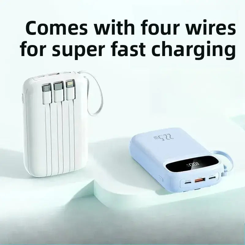 White and light blue portable power banks with integrated charging cables and digital display screens featuring 120w fast charging and 20000mah capacity in lavender color.