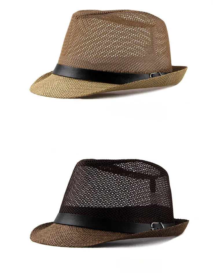 brown woven linen fedora hat with a black leather band suitable for sun protection at the beach or summer outings