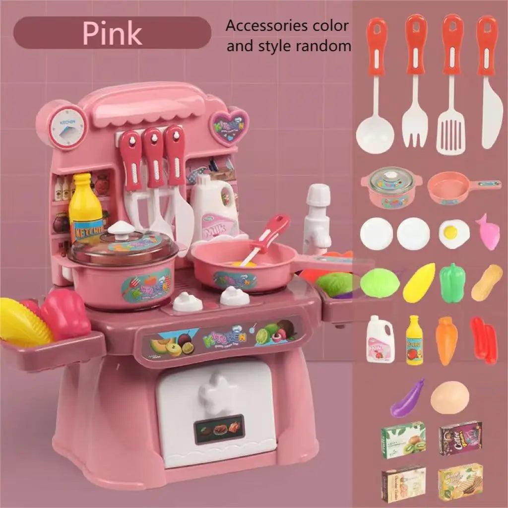 Rosa Kunststoff-Spielzeug-Küchen-Spielset mit Licht- und Soundeffekten, farbenfrohen Utensilien und Lebensmittel-Accessoires für fantasievolle Kochaktivitäten