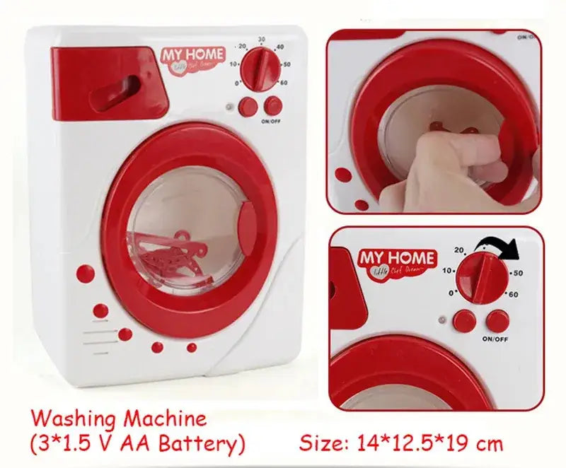 Rote und weiße Kunststoff-Spiel-Waschmaschine für Kinder mit klarer runder Tür und Drehregler, markiert mit 0–60 Grad, aus dem „my home“-Kinder-Spielküchen-Kleingeräte-Set für Rollenspiel-Lebensmittel.