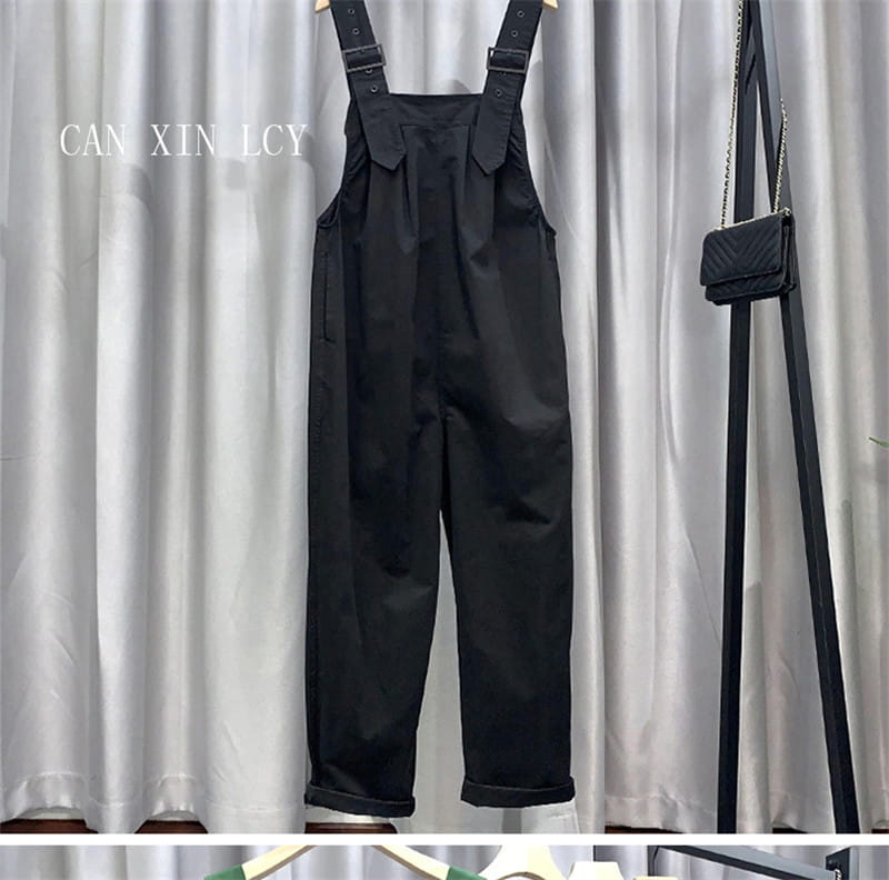 Combinaison salopette en toile de coton noir pour femmes, avec bretelles réglables et poignets retroussés