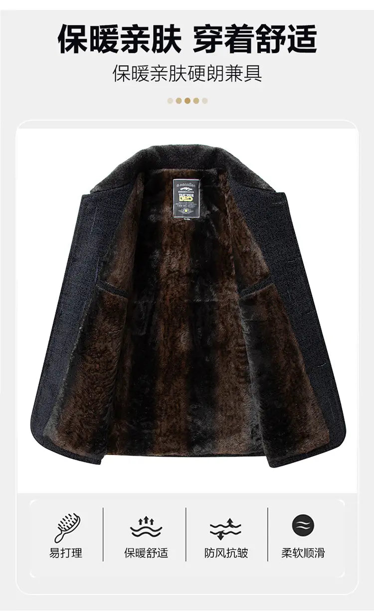 Abrigo tipo gabardina de mezcla de lana para hombre en denim azul oscuro, con interior acolchado forrado con piel marrón, diseñado para el uso en invierno.