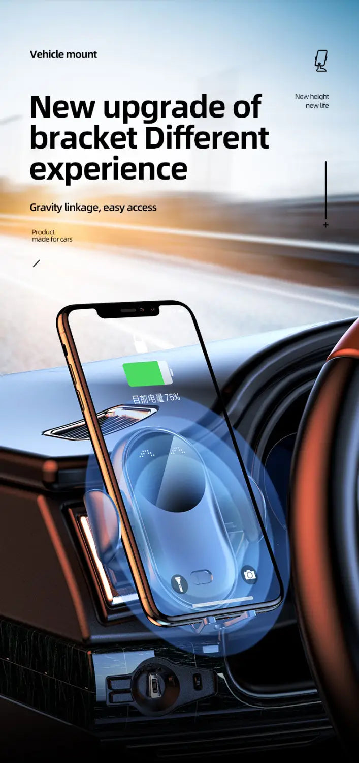 A sleek black magnetic car wireless charger with fast charging and gravity linkage design for easy access.