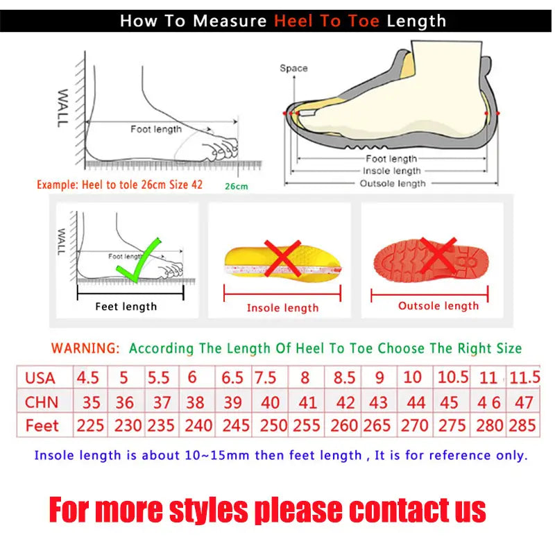 Schéma d’instruction pour mesurer la longueur du talon aux orteils des chaussures de marche décontractées plates en mesh respirant pour hommes, avec des illustrations légendées et un tableau de conversion des tailles.
