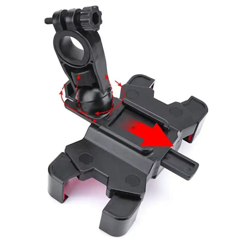 Black plastic adjustable bicycle phone holder with clamp and 360 rotatable swivel arm shown from the back side
