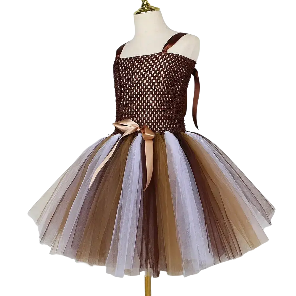 Front view of a brown and beige layered tulle tutu dress with mesh bodice and satin ribbon bow for baby girls kids jungle lion fancy costume