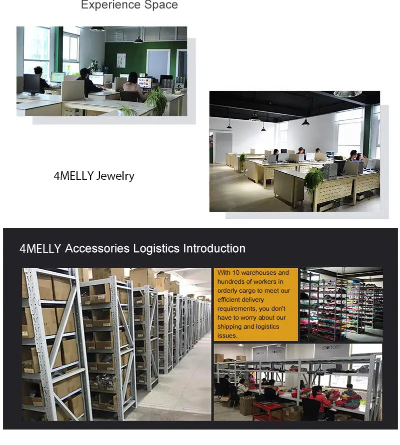 The image displays a promotional collage for 4melly featuring a custom eye photo engraved stainless steel keychain alongside office workstations and warehouse shelving with product boxes.
