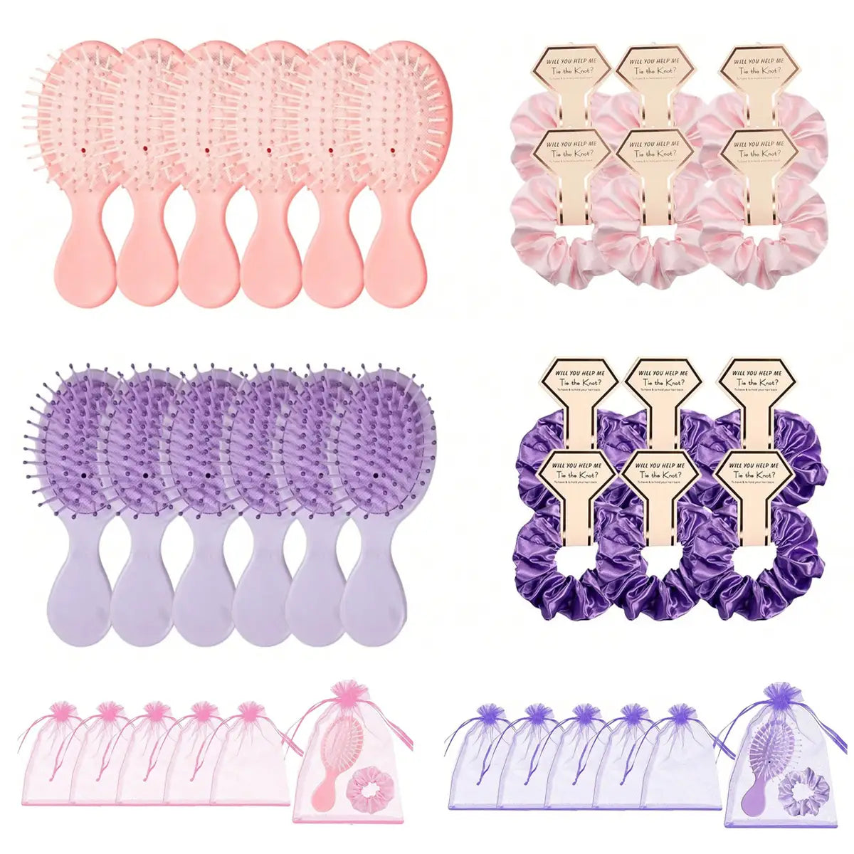 丸みのあるヘッドのピンクおよびパープルのプラスチック製ブライズメイド用ヘアブラシのセット。サテンのシュシュと、花嫁介添えの記念品用の透明な巾着袋が付属します。