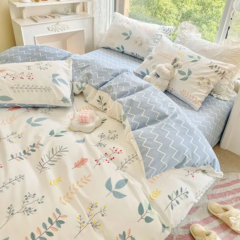 Ins Style Pink Flower Printed Bedding Set Soft Skin-friendly Duvet Cover Set Reactive Dyeing Bed Linens for Girls Bedroom