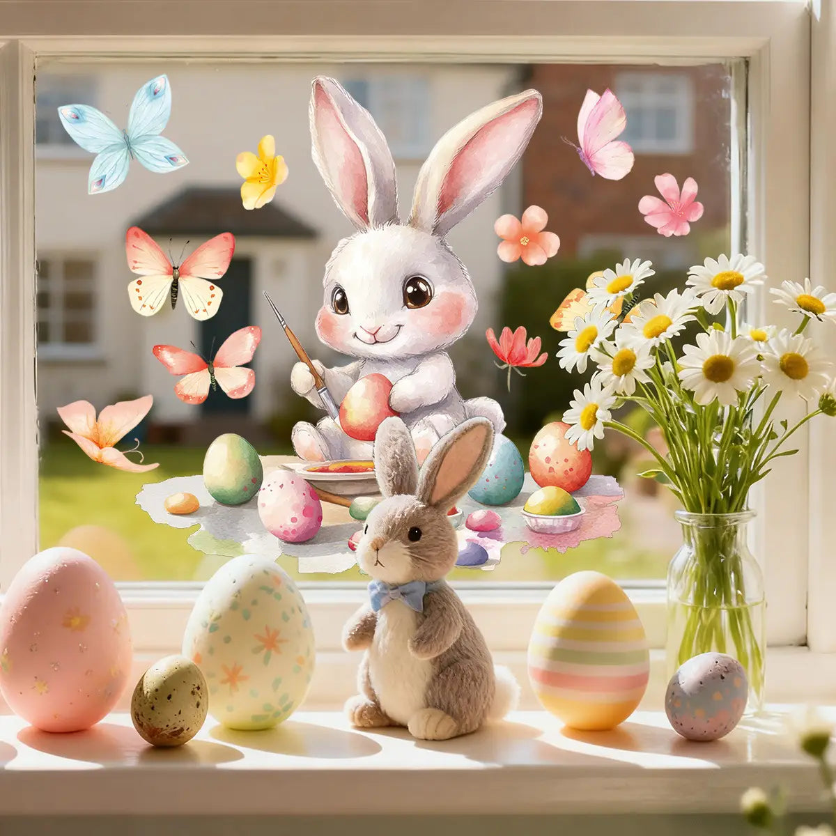 A charming white plush bunny figurine with pink inner ears and rosy cheeks holding a paintbrush sits beside colorful Easter eggs on a sunny windowsill in Easter bunny window decals colorful egg glass stickers.
