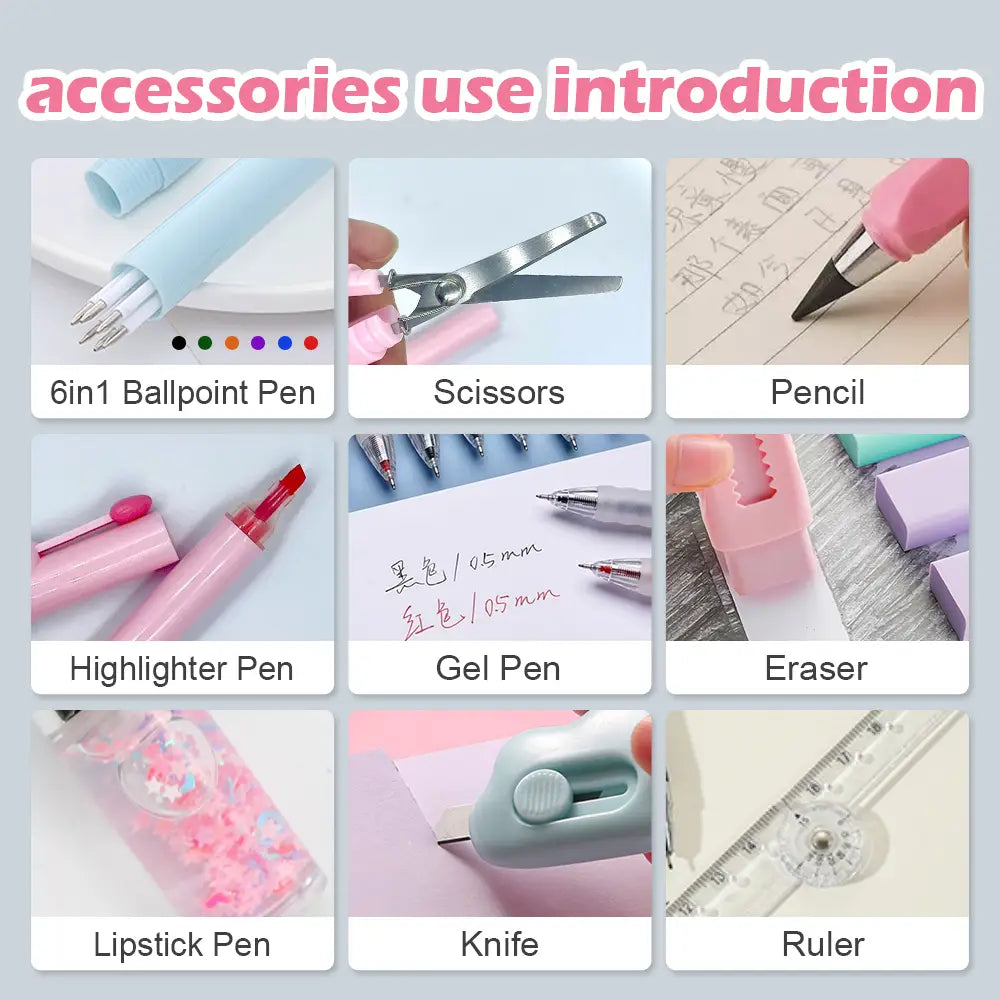Stylo surligneur rose avec capuchon assorti et pointe encre rouge issu de l’ensemble de papeterie pour étudiant de 11 pièces.