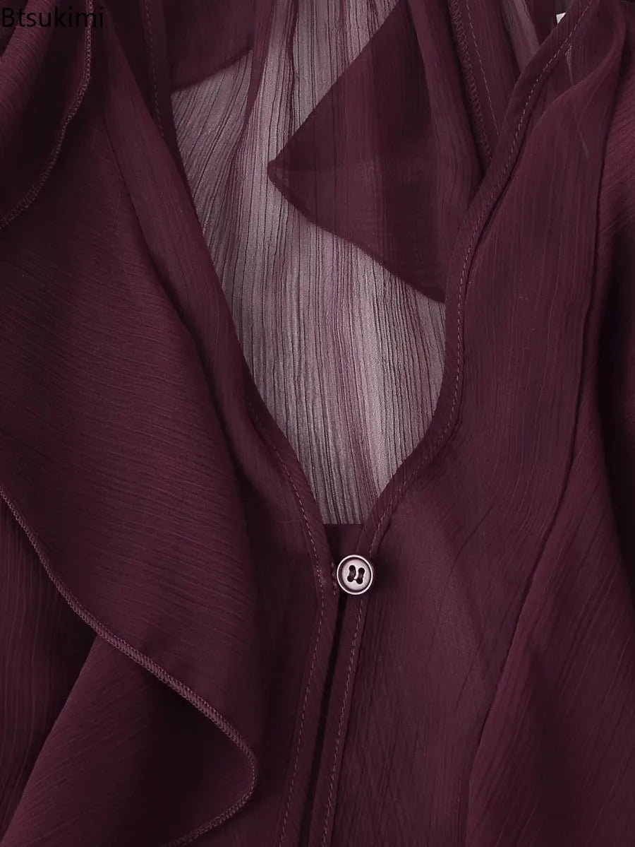 New Women's Sexy Semi-sheer Ruffle Shirt Long Sleeve V Neck Front Button Autumn Fashionable Versatile Layered Decorative Blouse