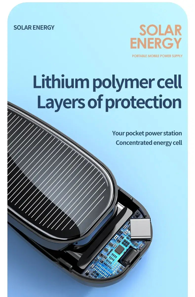 Black solar power bank key ring portable charger with sleek oval design and visible lithium polymer cell internals for efficient mobile charging.