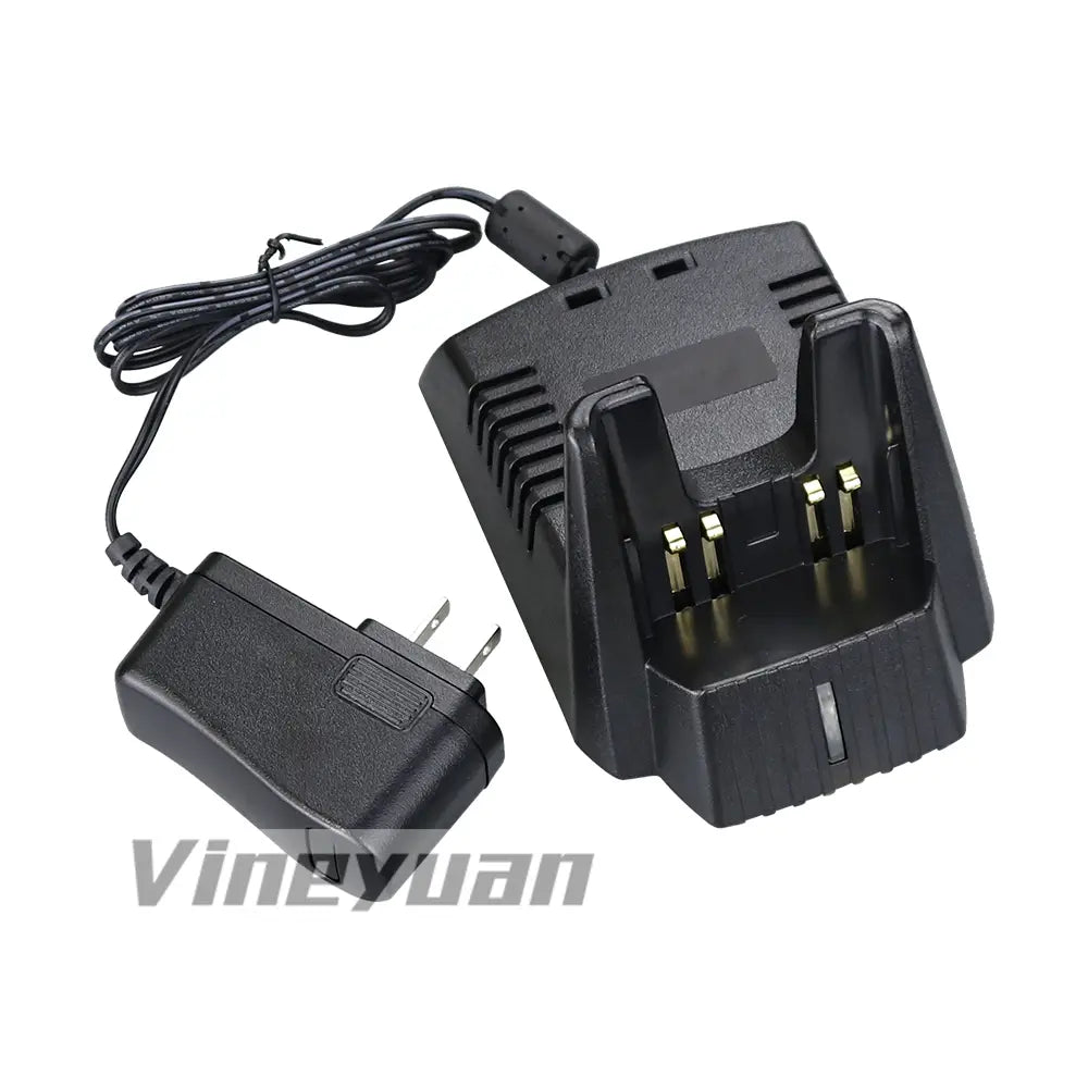 black plastic two-slot battery charger with integrated power adapter and coiled cable for vertex standard yaesu radio