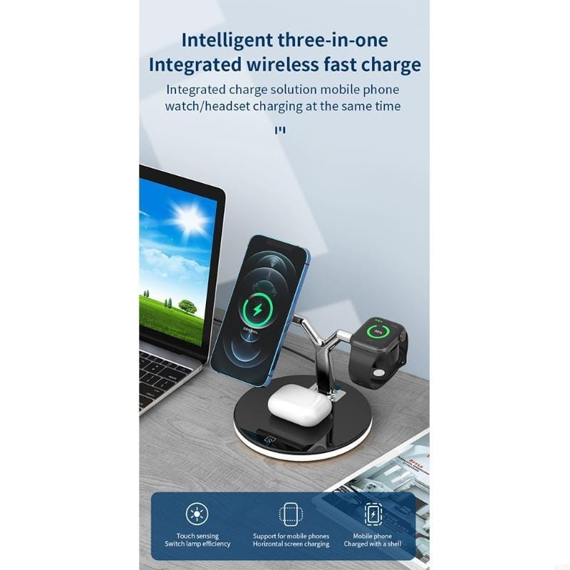 Soporte cargador inalámbrico magnético multifunción tres en uno en negro y plata con potencia de salida de 15 W, con varias ranuras para la carga de teléfono, reloj y auriculares