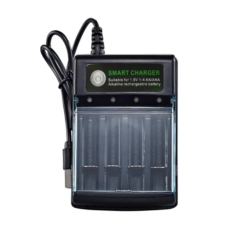 Black 1.5v alkaline battery charger with four slots for AA and AAA rechargeable batteries, featuring a clear plastic cover and an attached power cable for smart USB charging.