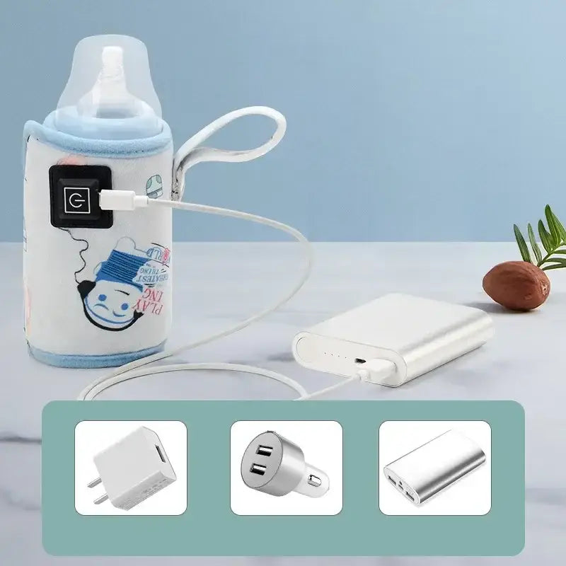 Blau-weiße isolierte USB-Tragetasche für Babyflaschenwärmer mit Karikaturmotiv zur bequemen Temperaturerhaltung.