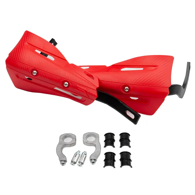 red motorcycle hand guards with carbon fiber texture and black mounting hardware shown from the back side in a universal dirt bike handguard mounting kit