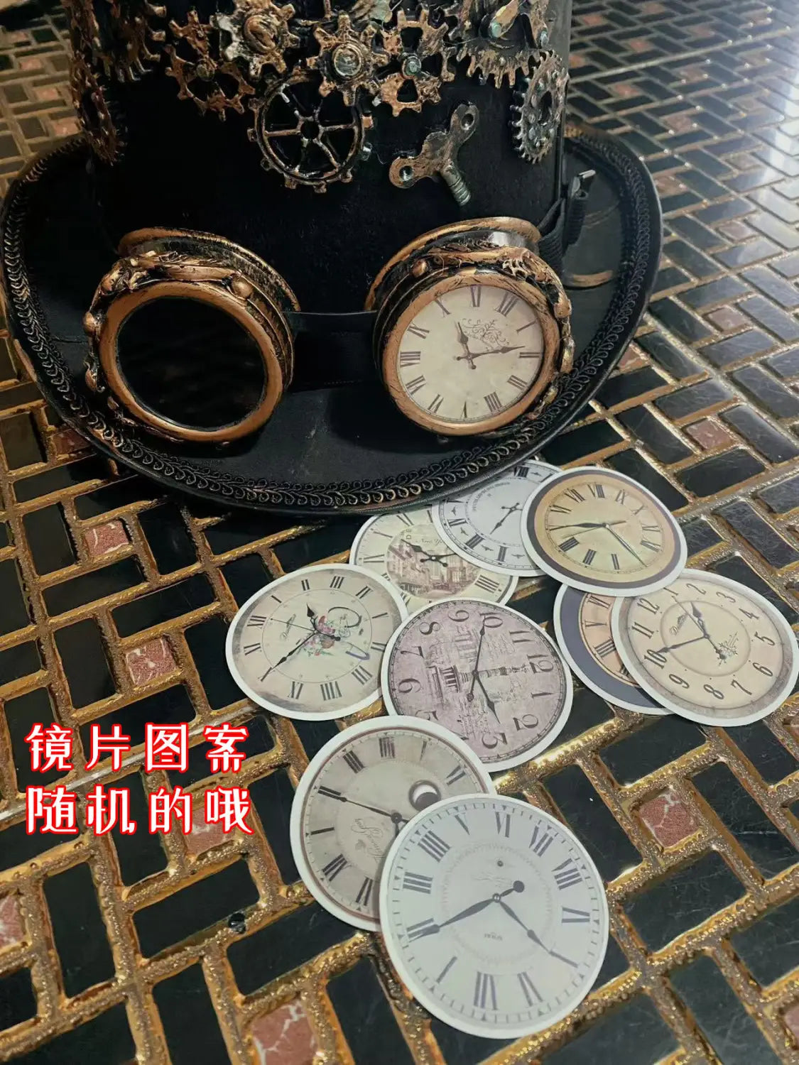 Steampunk top hat with goggles and gears featuring a black hat adorned with brass gears and vintage-inspired goggles with roman numeral clock faces.