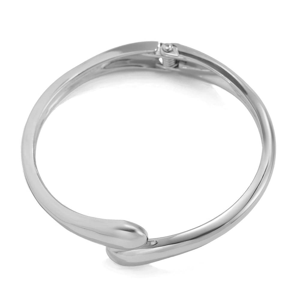 Silver color chunky wide metal bangle bracelet with a sleek modern design and secure clasp mechanism.