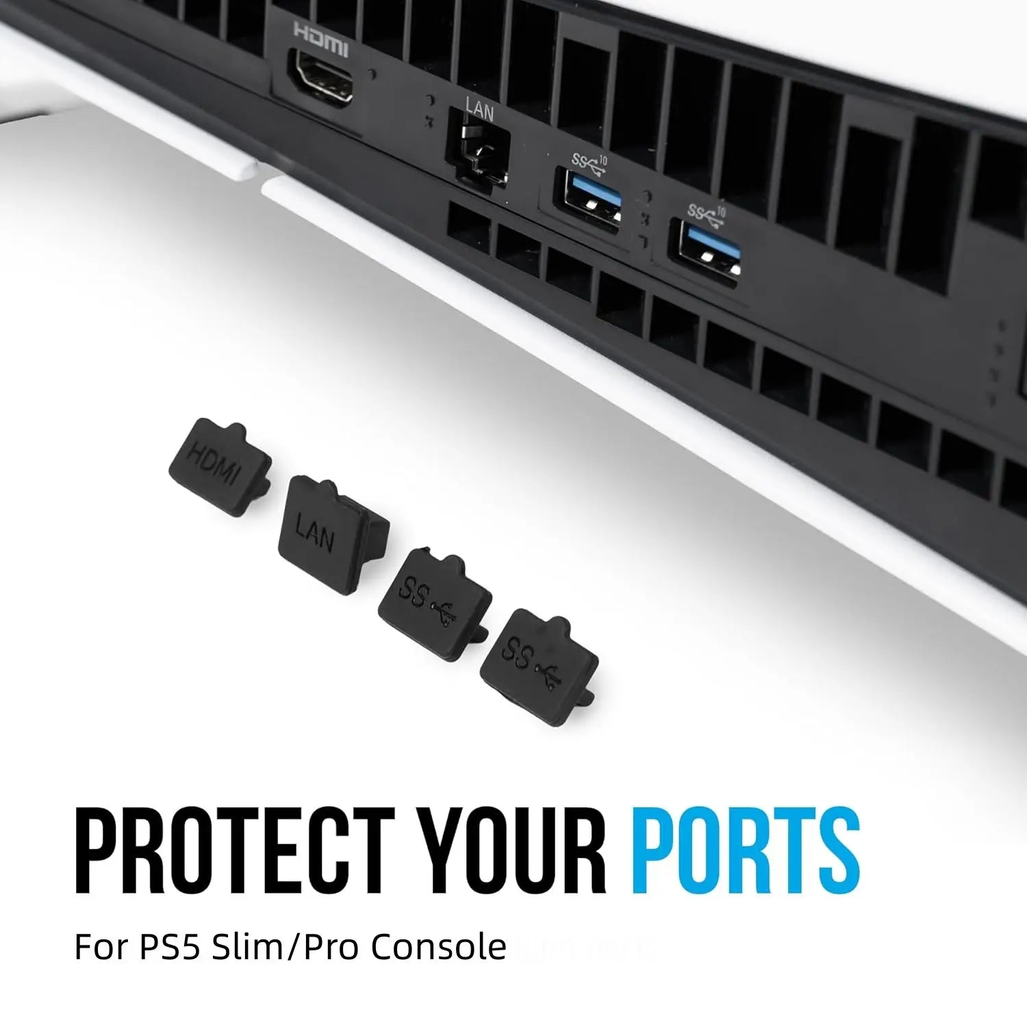 Schwarze Silikon-Staubschutzstopfen für PS5 Pro und Slim mit Abdeckungen für HDMI-, LAN- und USB-Anschlüsse zum Schutz vor Staub und Schmutz.
