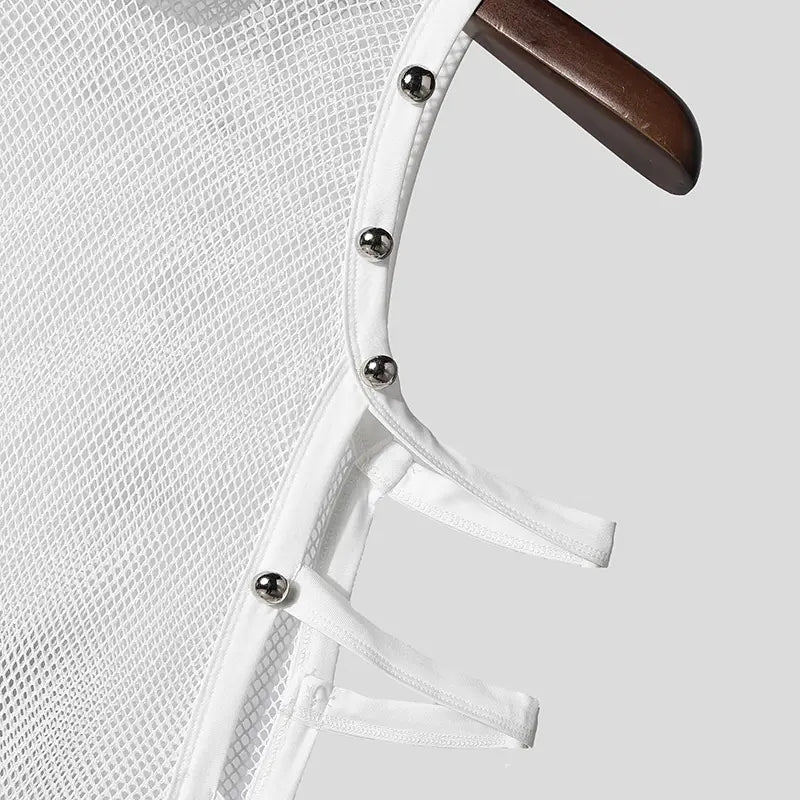 Men mesh turtleneck tank top in white mesh fabric featuring silver-toned button details and adjustable straps.