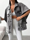 Women's Gray Denim Jacket, Short-Sleeve Casual Loose Top