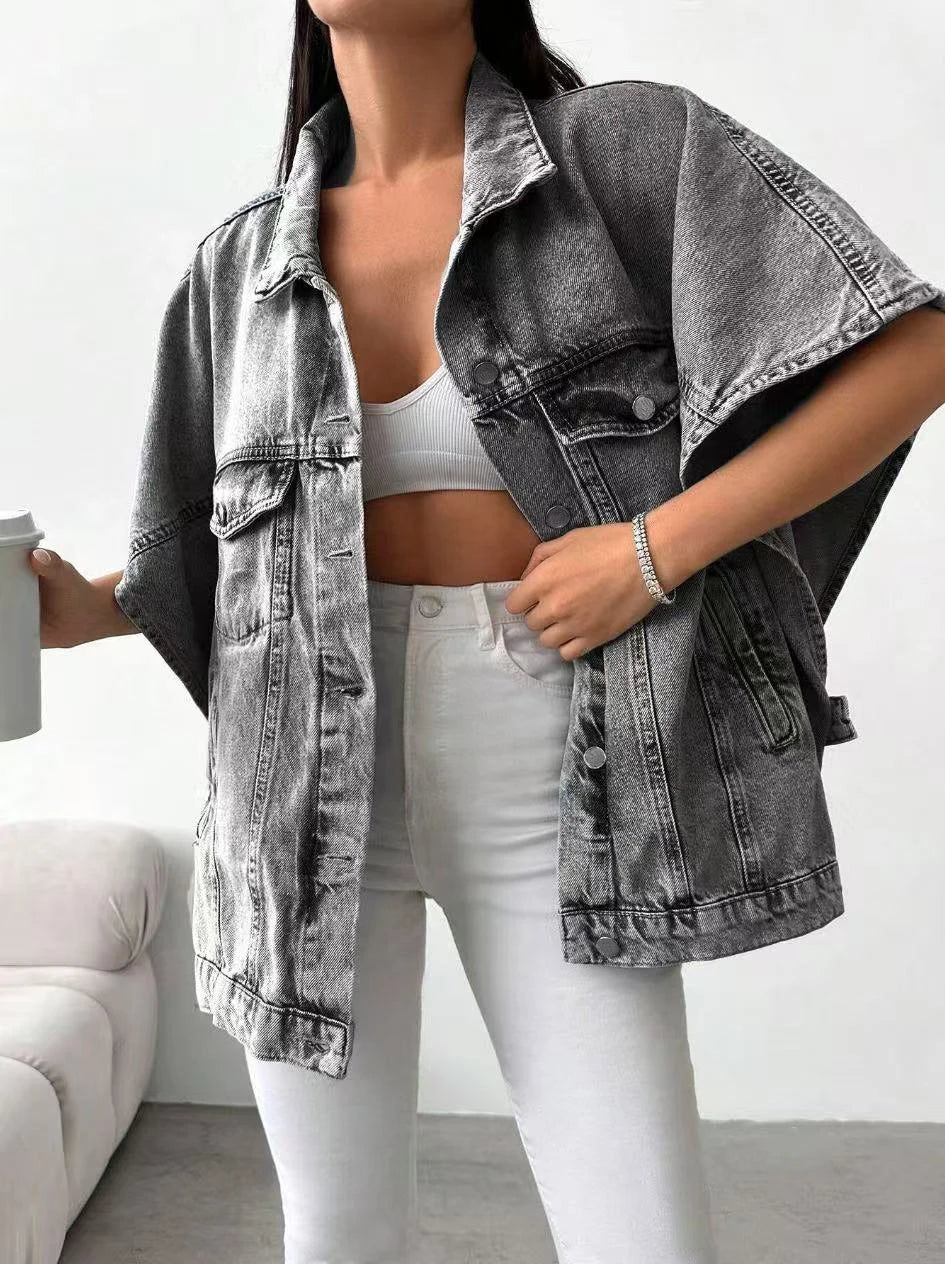 Women's Gray Denim Jacket, Short-Sleeve Casual Loose Top