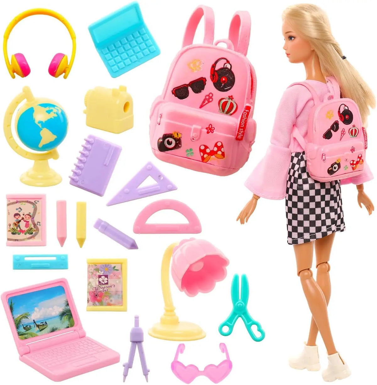 19 Pcs Girl Doll School Accessories Backpack Mini Desk Lamp Laptop Mini Globe Glasses and Headset for 11.5inch Doll Kids Toys