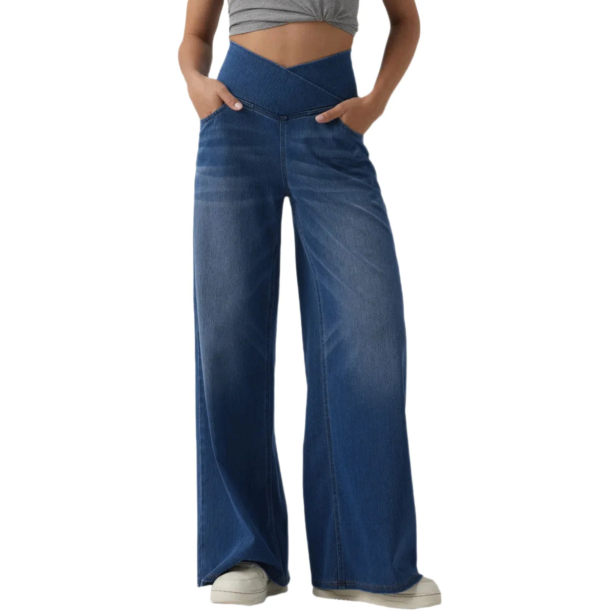 Fashion Women Cross V High Waist Washed Denim Wide Leg Pants Elastic Soft Jeans Casual Daily Loose Full Length Stretch Trousers