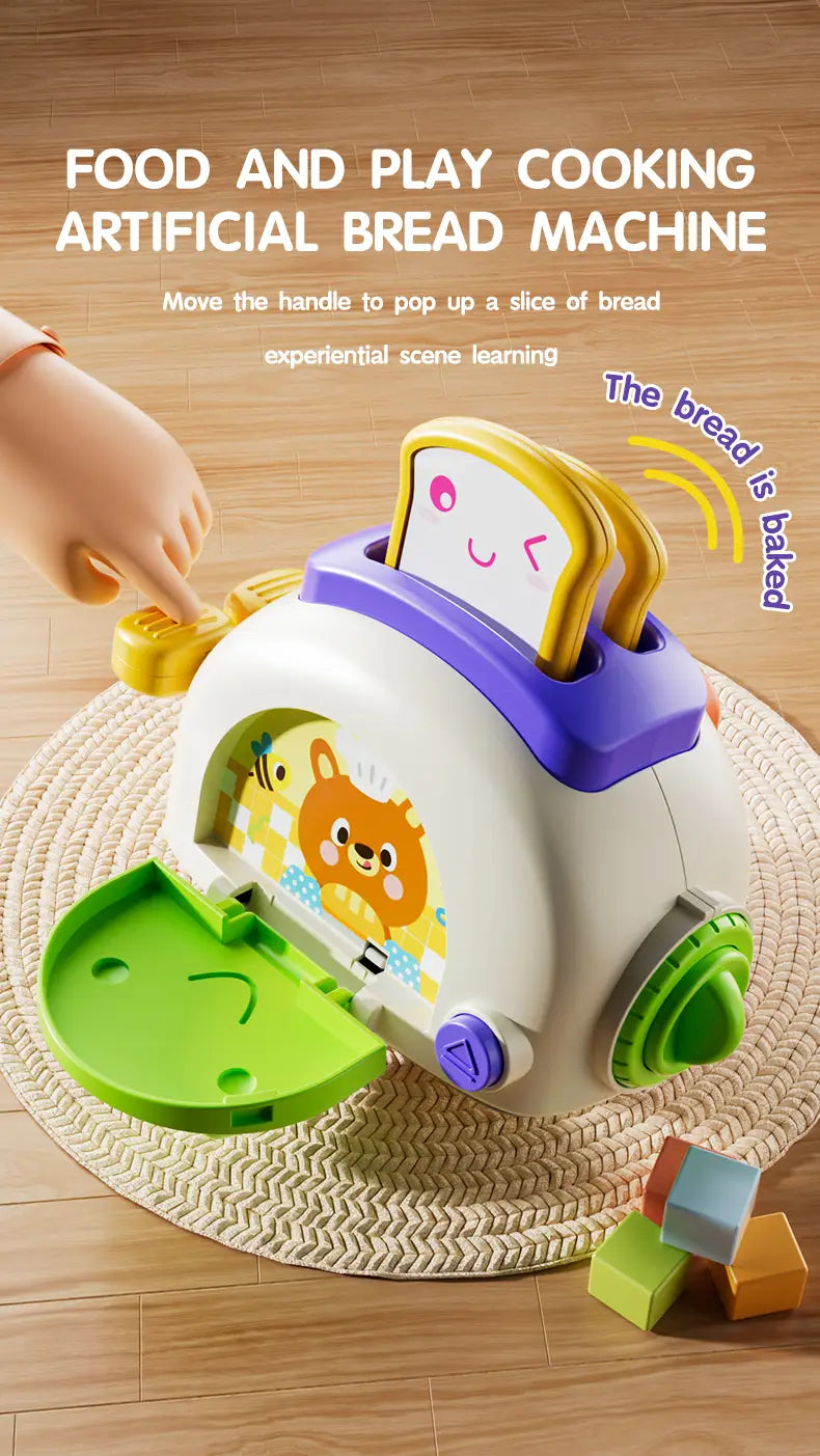 Jouet de voyage cube d’occupation Montessori : machine à pain pour jouets blanche et violette, avec une poignée jaune, des accents verts, et un design de nounours en dessin animé sur le côté.