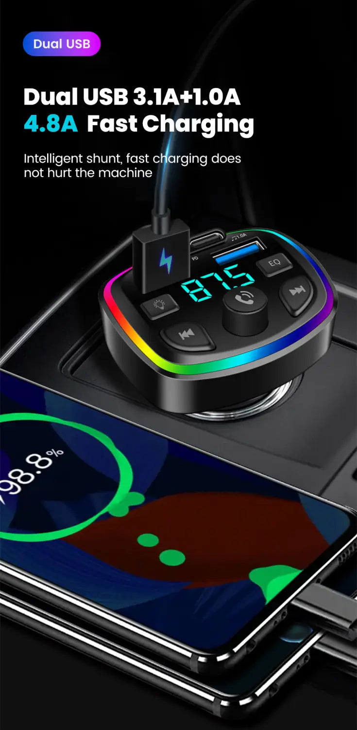 Black Bluetooth FM transmitter car charger with dual USB ports, rainbow LED ring, and digital display for vehicle use