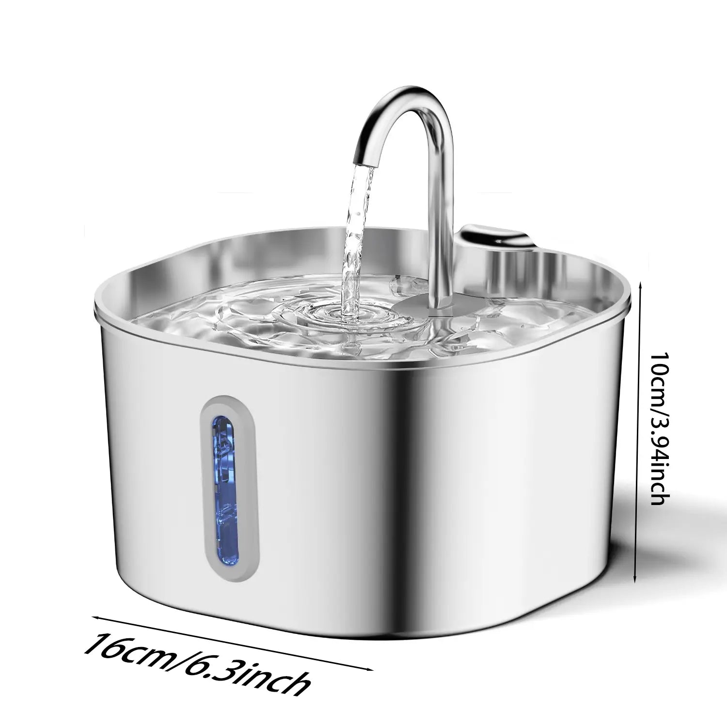 Edelstahl-Futter- und Trinkbrunnen für Haustiere mit gebogenem Auslauf und blau beleuchtetem Füllstandsindikator mit effizienter Wasserpumpe für einen kontinuierlichen Wasserfluss.